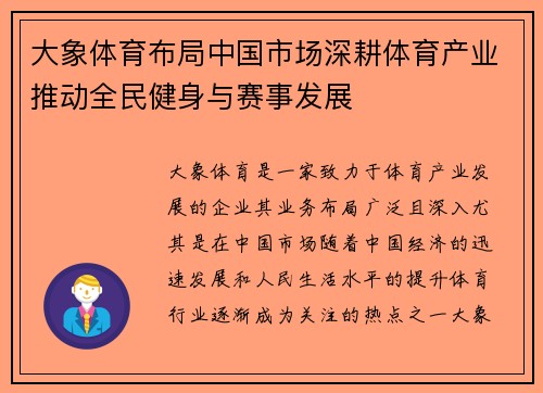 大象体育布局中国市场深耕体育产业推动全民健身与赛事发展